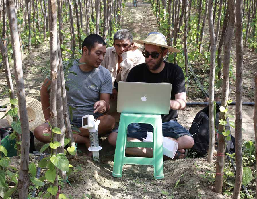 Ideo.org team member Amina Mobasher using a laptop on a stool in the forest while two others watch